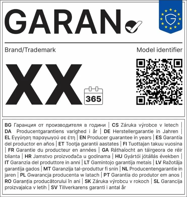 Offizielles EU-Garantielabel GARAN mit Feldern für Marke, Garantiedauer und Modell