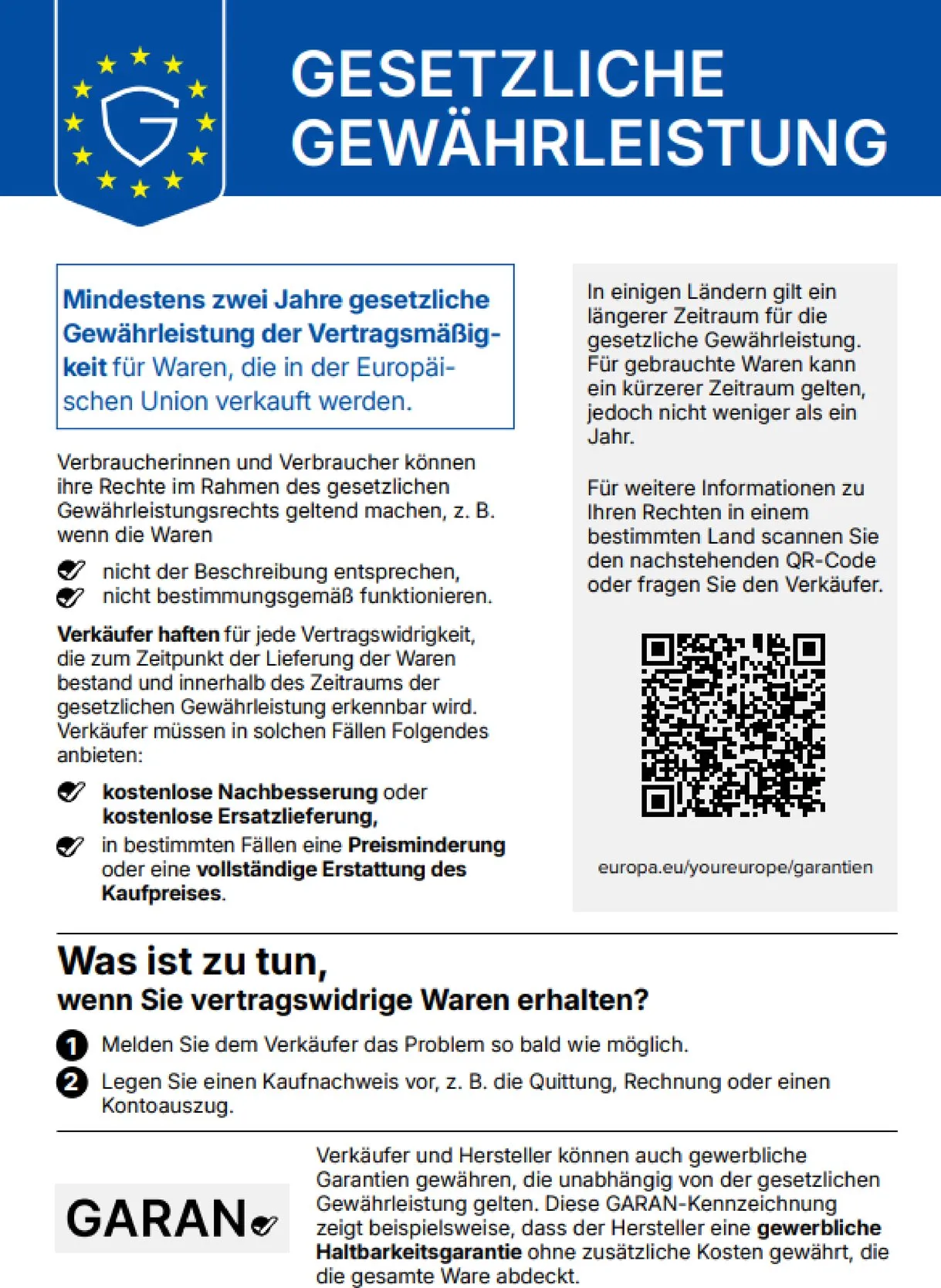 Offizielle EU-Mitteilung „Gesetzliche Gewährleistung“ mit EU-Wappen, QR-Code und Hinweisen für Verbraucher